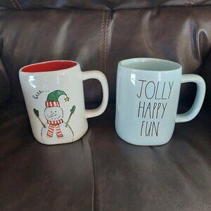2 Rae Dunn Blue Frosty The Snowman Mugs "Jolly Happy Fun" Holiday Christmas EUC